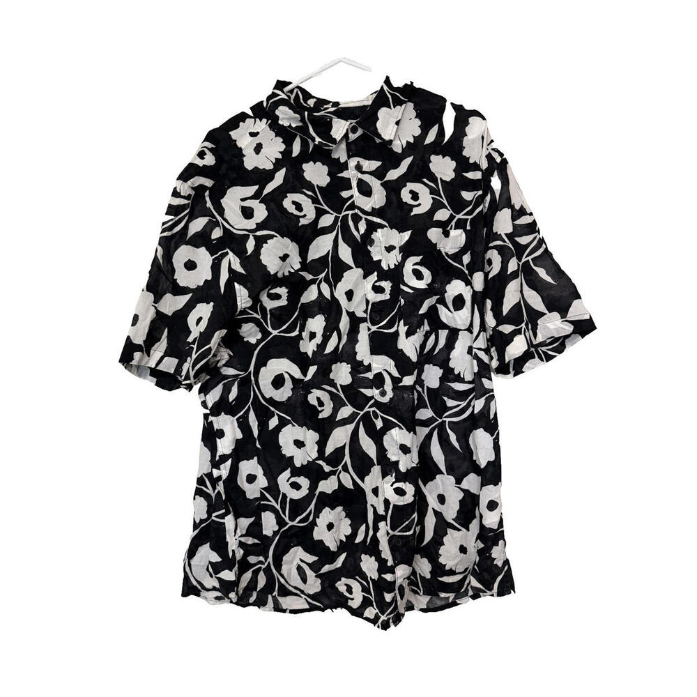 H&M Black White Floral Print Button Down Shirt Mens 2XL